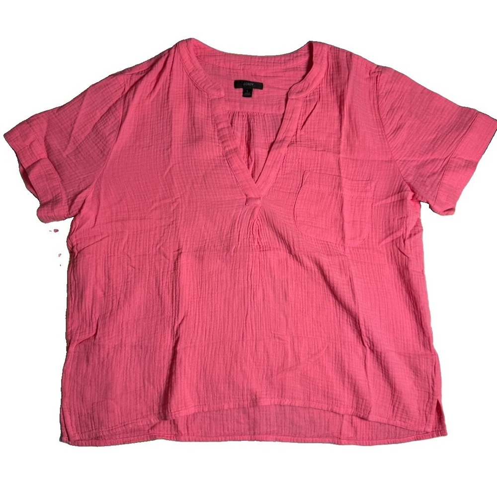 J. Crew Top Womens Pink Gauzy Popover Shirt Pocket V Neck Cotton Large NWOT